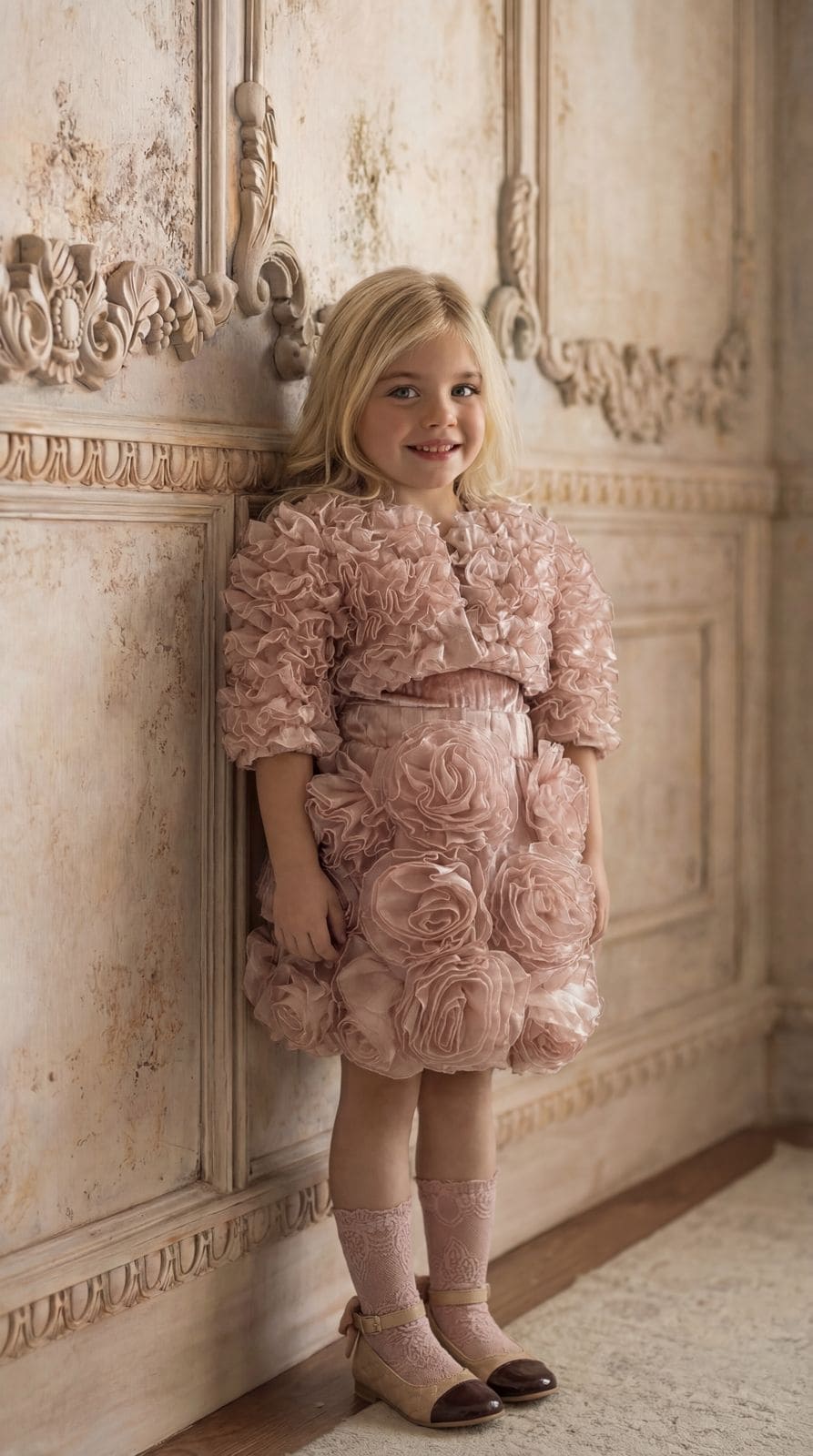 Girls blush pink rosette skirt with 3D flower details paired with a matching top