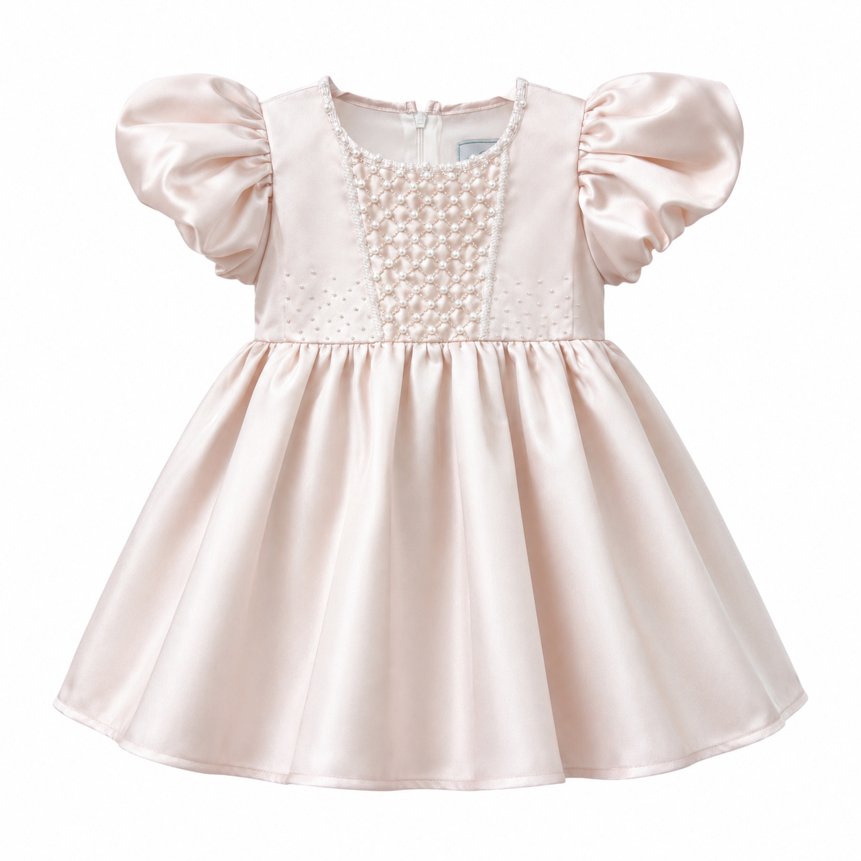 A baby girl's formal dress in pale pink satin with puffed sleeves, a textured embroidered yoke, and a flared skirt, shown against a plain white background.
