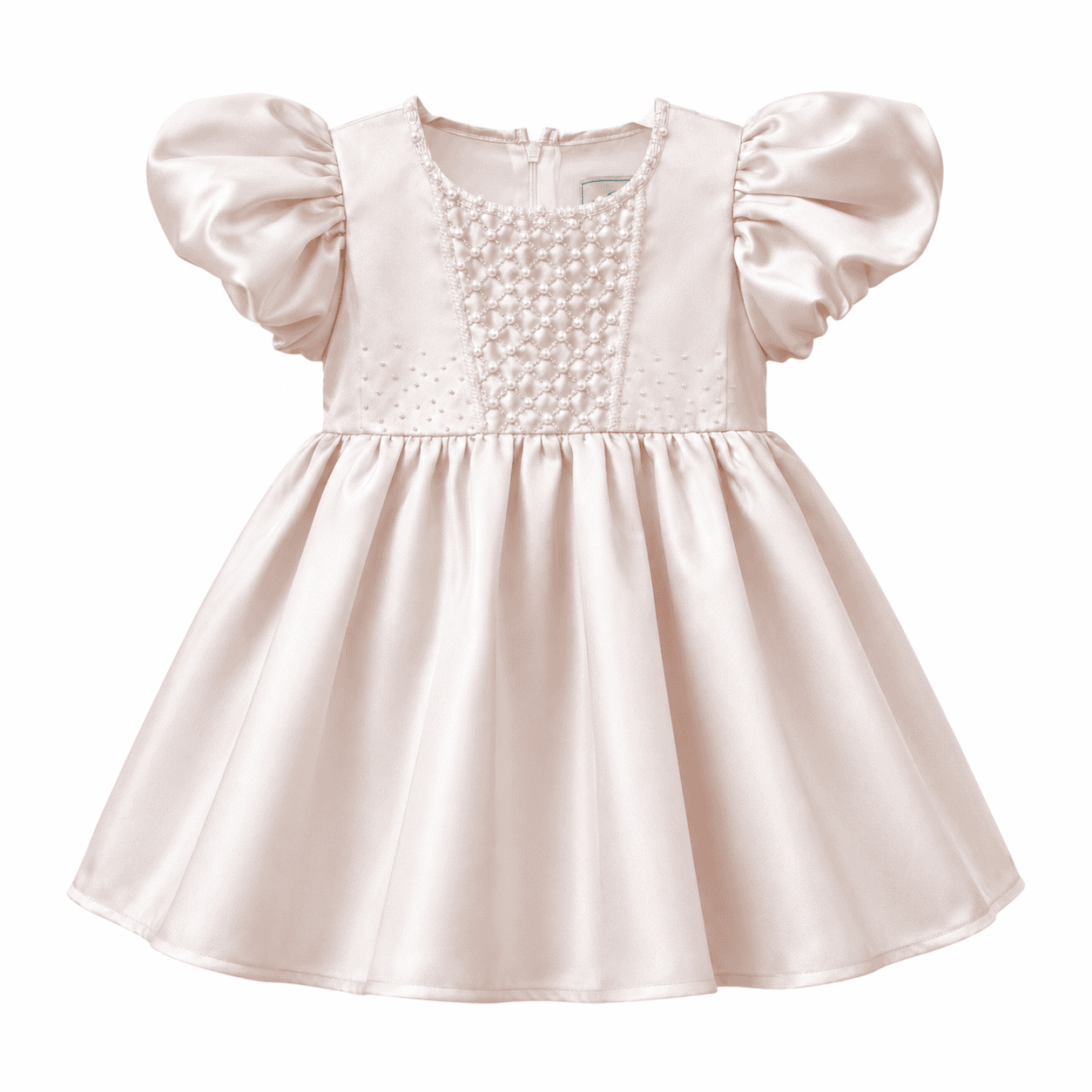 A baby girl's formal dress in pale pink satin with puffed sleeves, a textured embroidered yoke, and a flared skirt, shown against a plain white background.