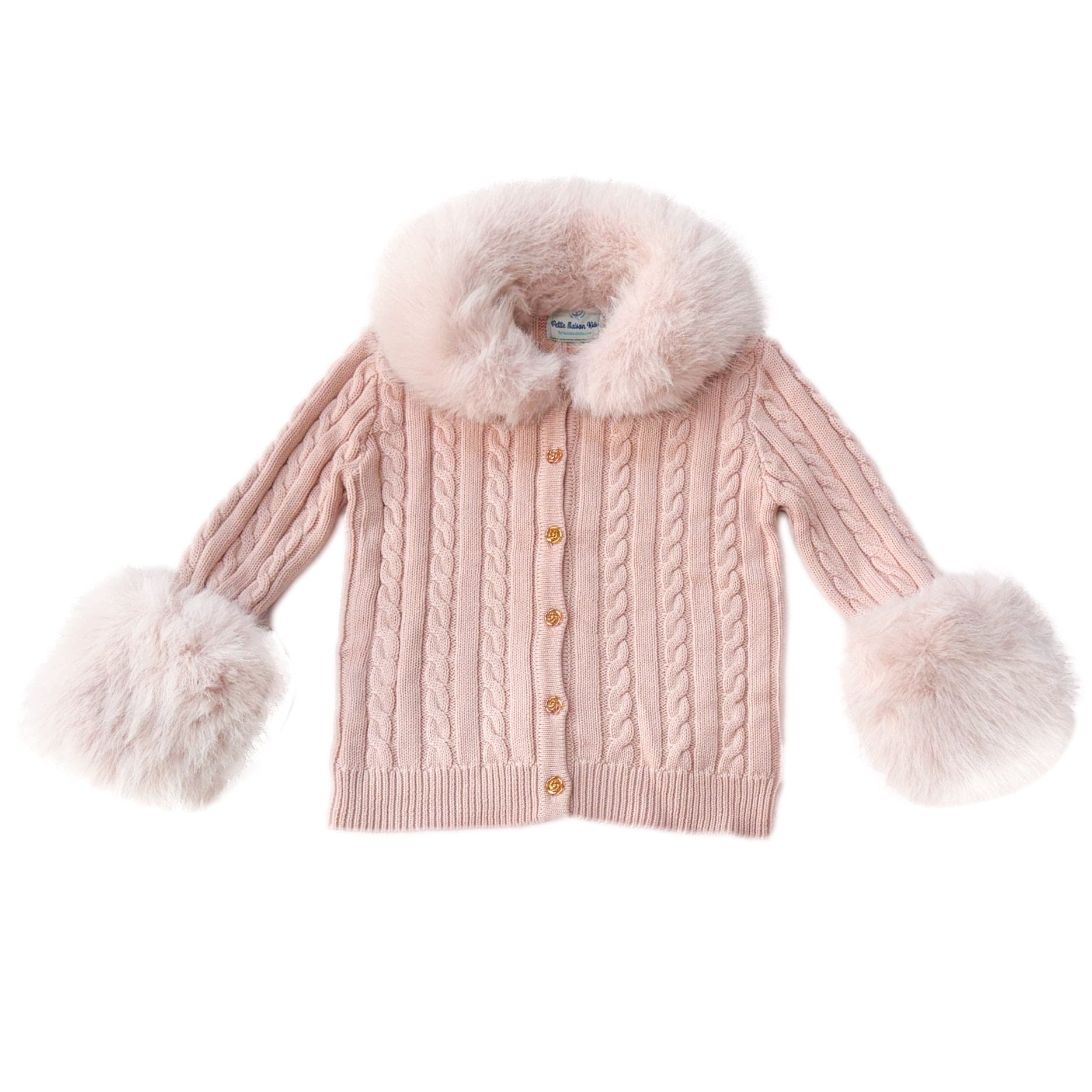 Pink cotton cableknit cardigan for girls featuring a faux fur collar and sleeves, elegant rose gold button closure, and a cozy winter-ready design.
