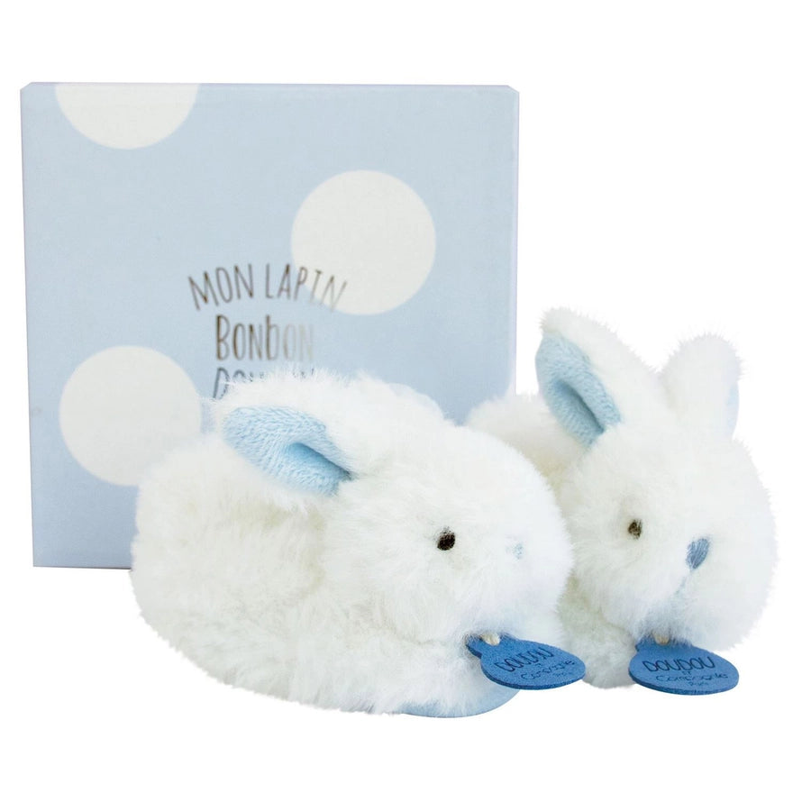Ivory and Baby Blue Bunny Rattle Booties - Petite Maison Kids