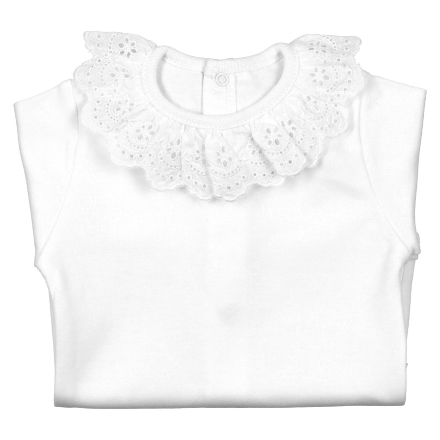 White Cotton Baby Bodysuit Onesie with English Embroidered Collar