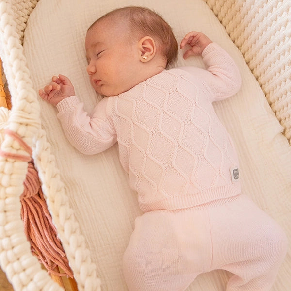 Pink Knitted Diamond Print Cotton Baby Set