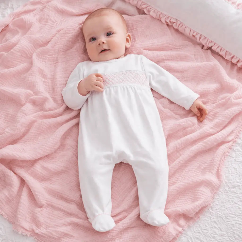 White Smocked Footie – Baby Girl Pima Cotton Coming Home Outfit
