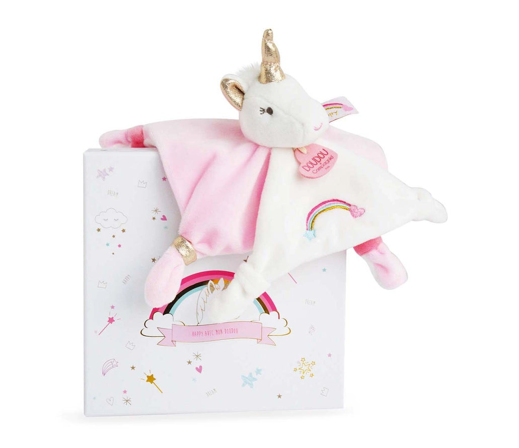 Unicorn doudou blankie white and pink baby comforter with soft plush unicorn