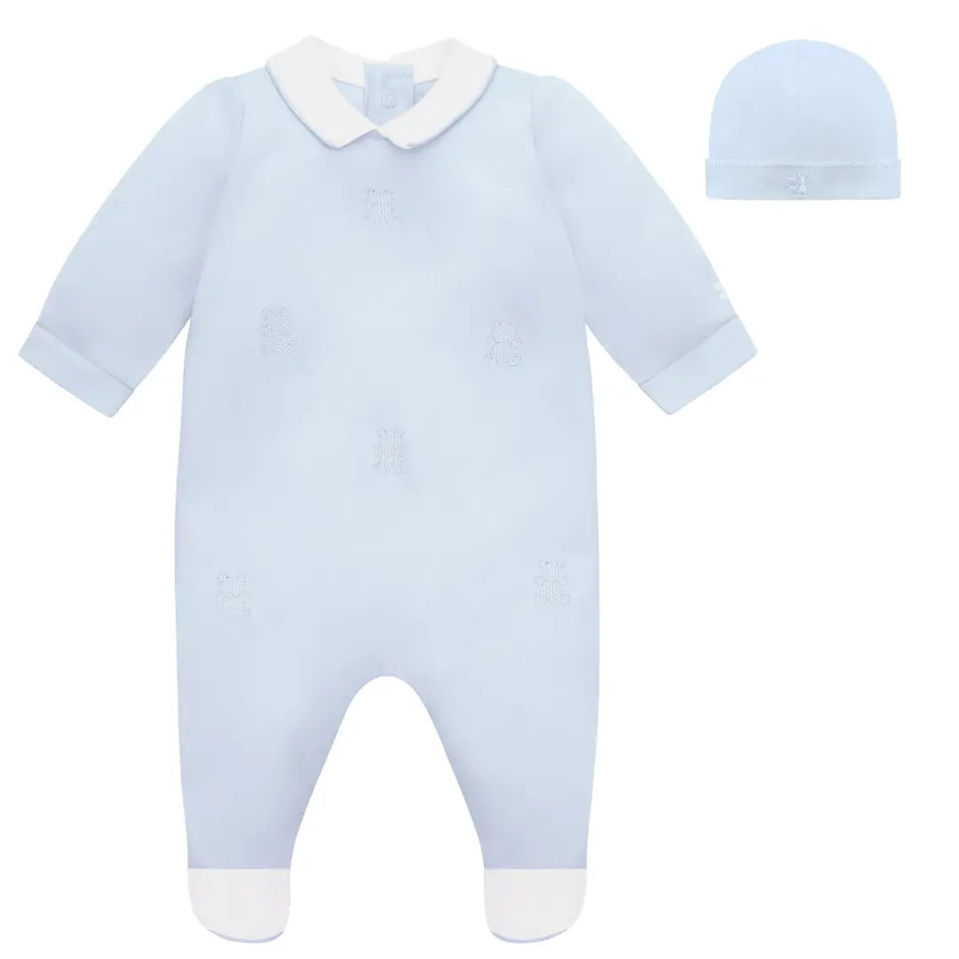 Lionel Boys Blue Babygrow with Teddy Embroidery & Hat