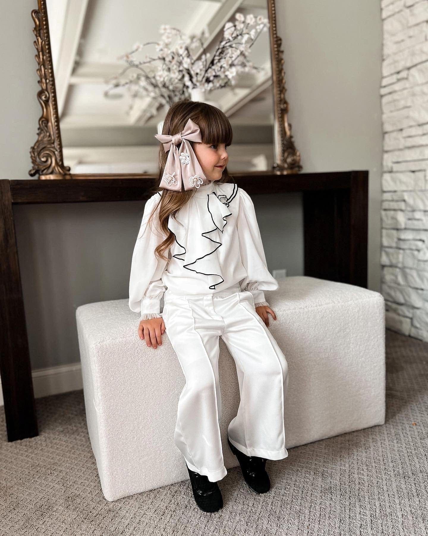 Chocolate Anise Satin Embroidered Hair Bow with floral appliqué detail