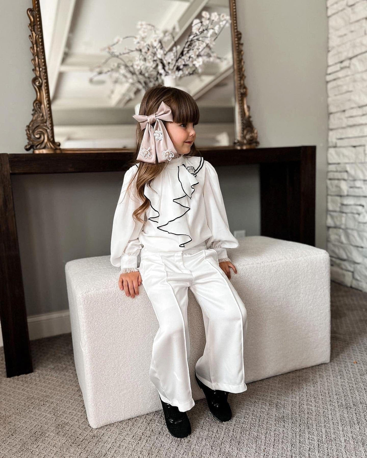 Chocolate Anise Satin Embroidered Hair Bow with floral appliqué detail