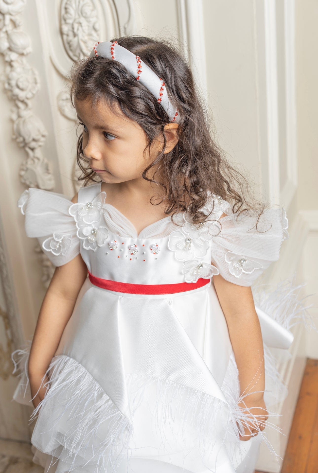 Constanza White Ceremony Dress with Red Bow