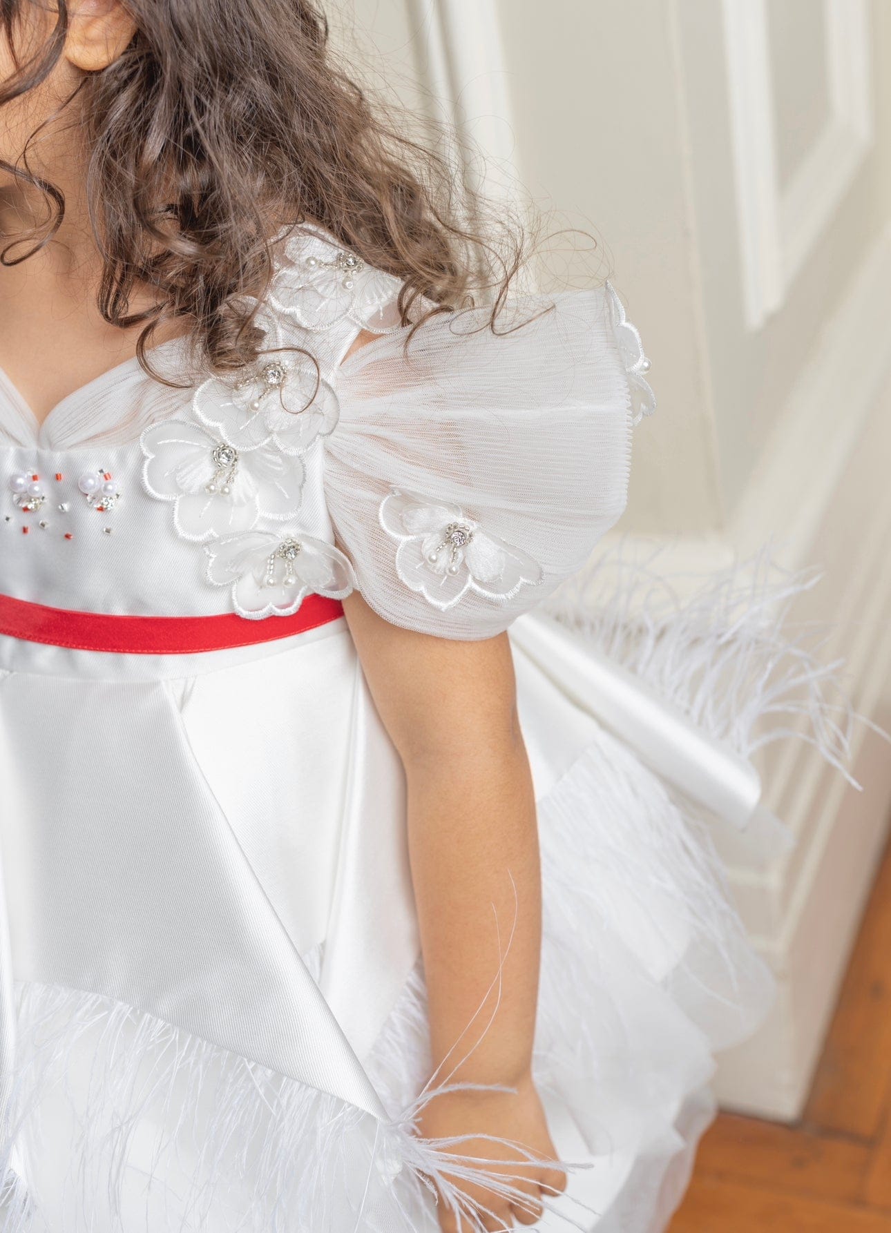 Constanza White Ceremony Dress with Red Bow