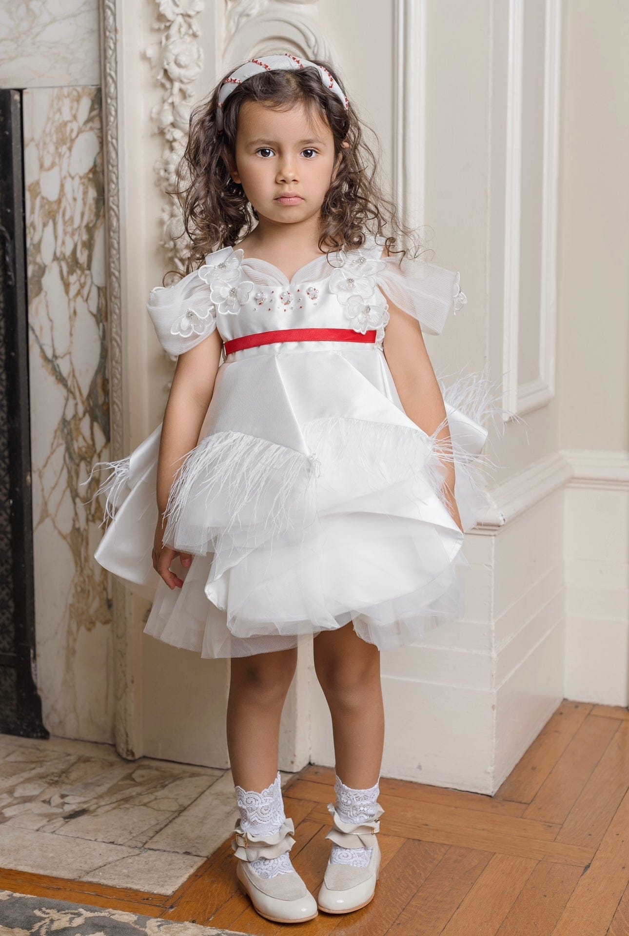 Constanza White Ceremony Dress with Red Bow