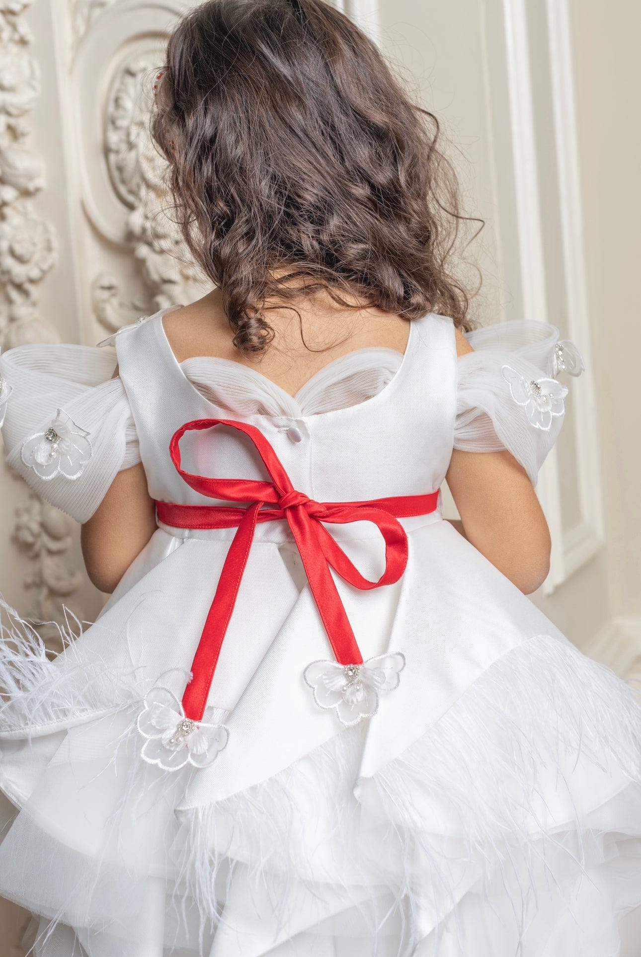 Constanza White Ceremony Dress with Red Bow