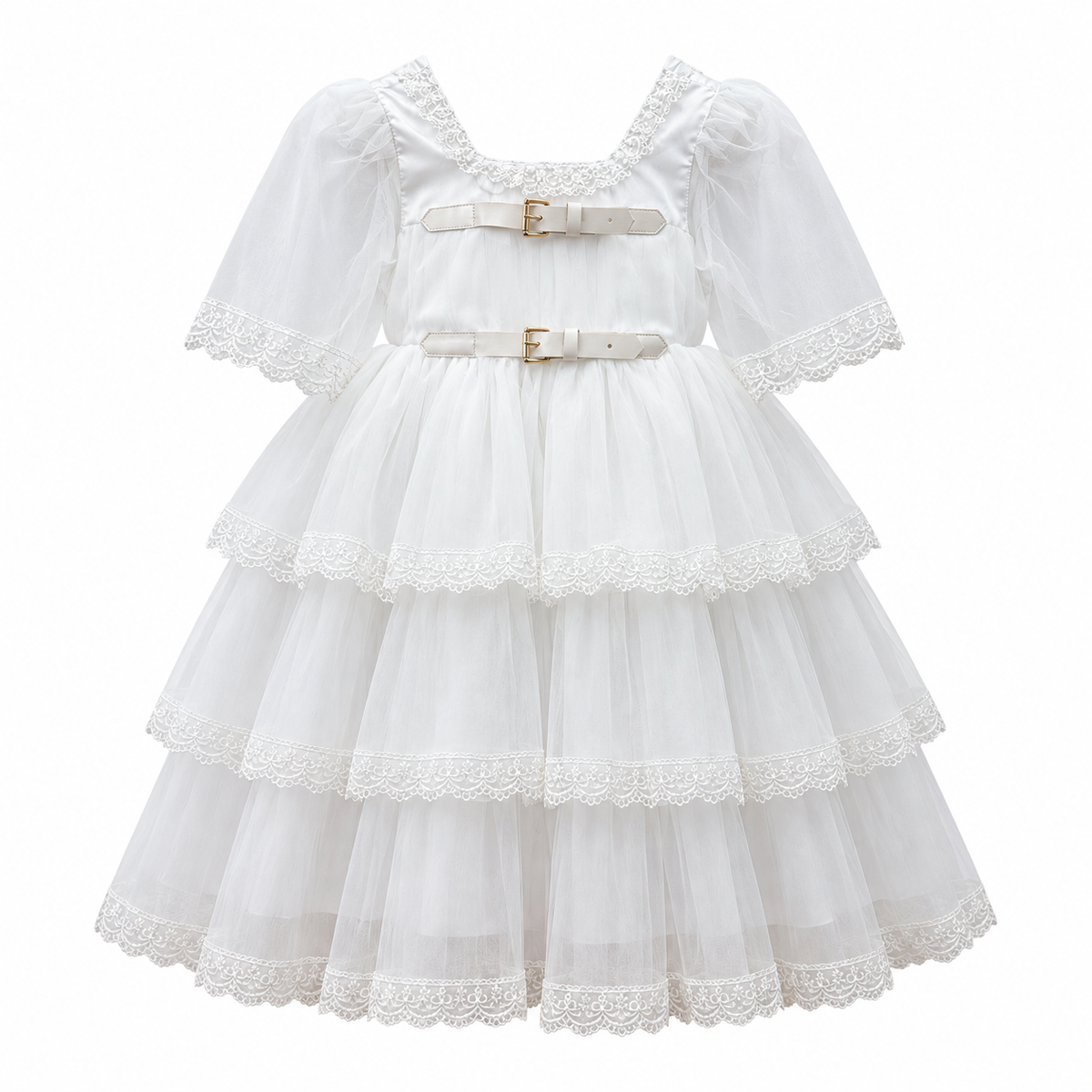 Savannah White Tulle Buckle Dress