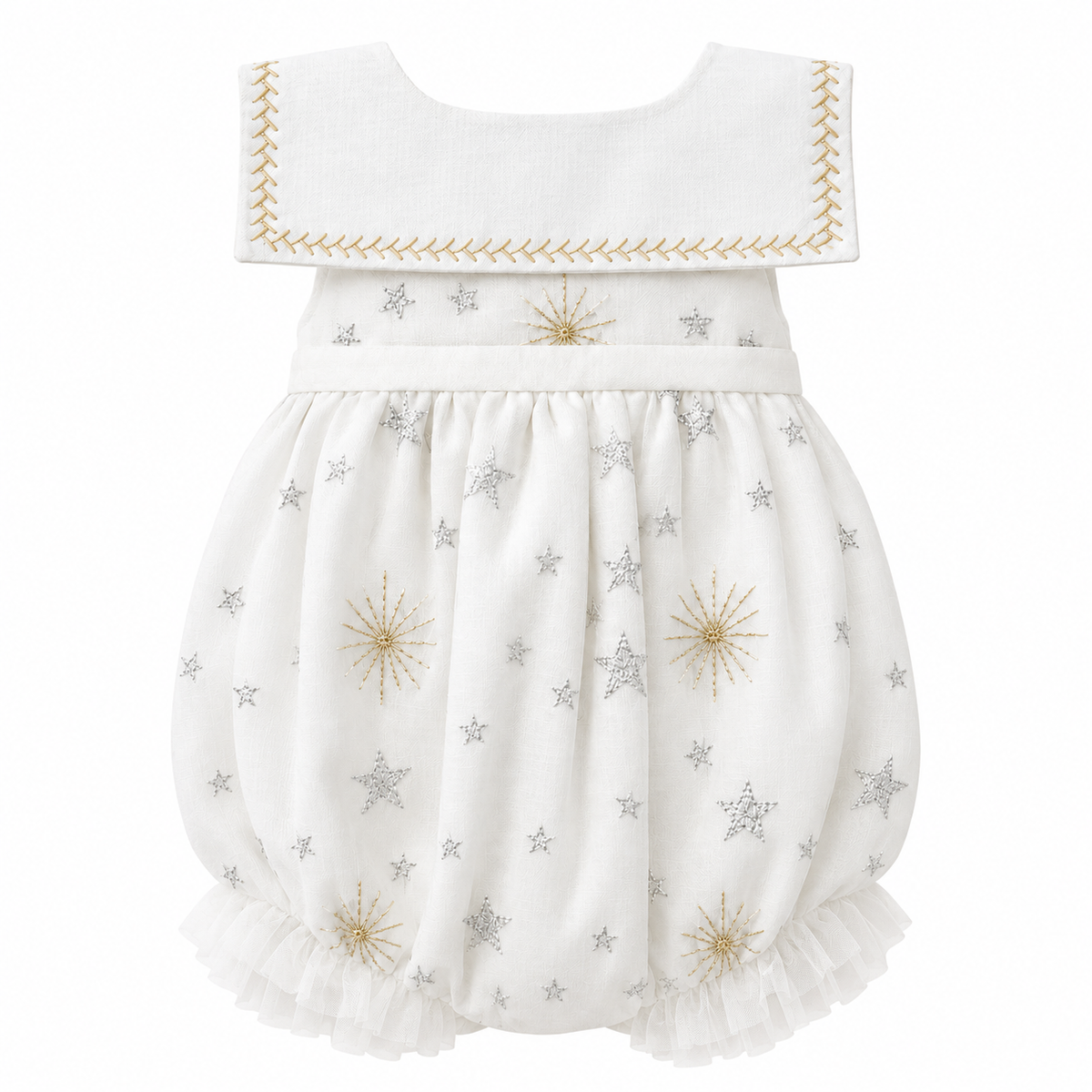 Star White Tulle Romper with Silver & Gold Embroidery