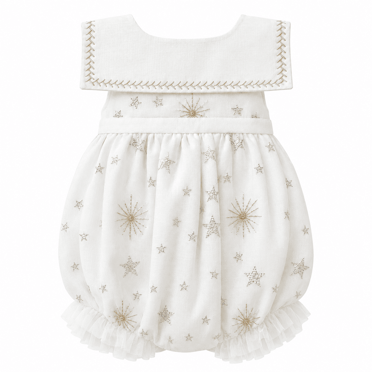 Star White Tulle Romper with Silver & Gold Embroidery