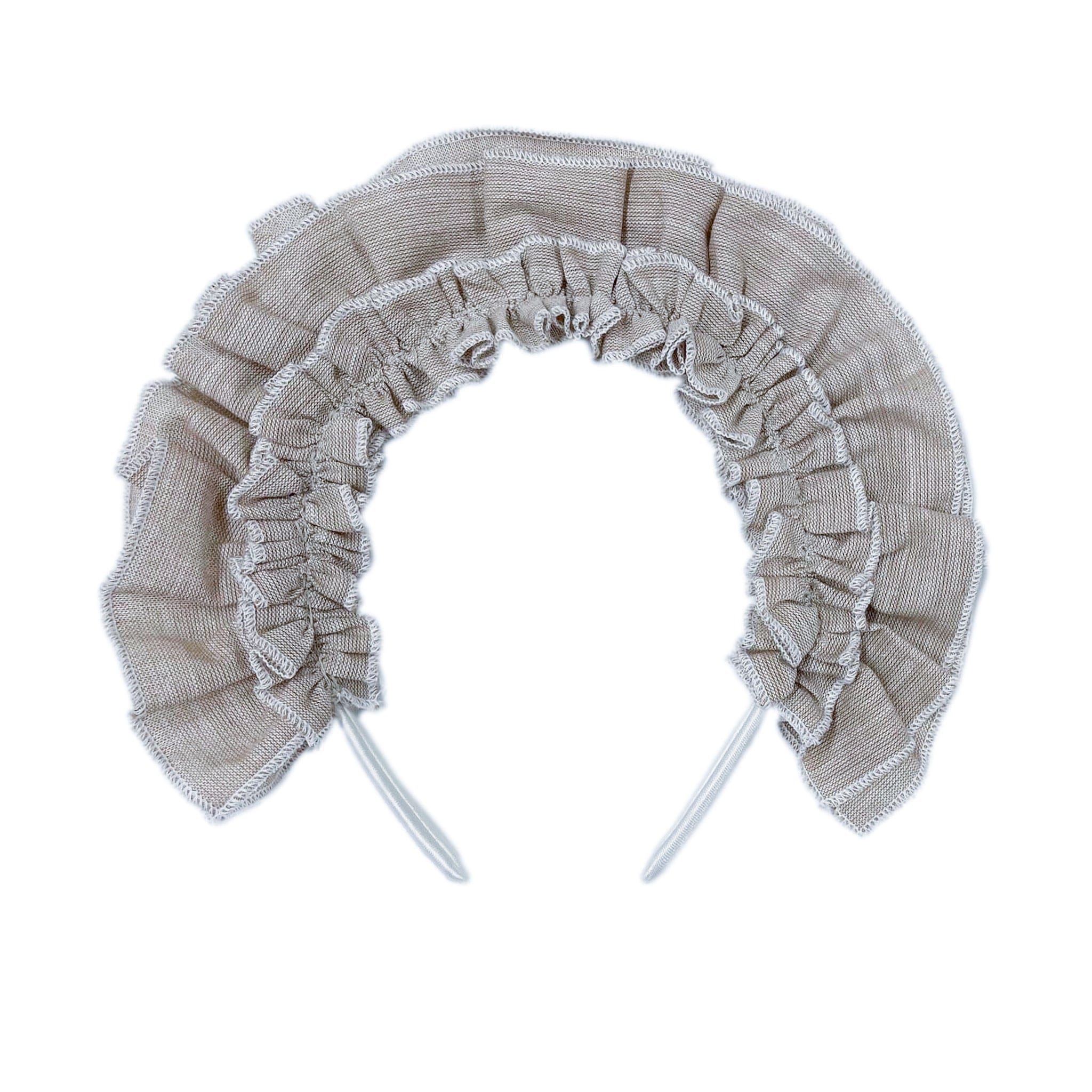 Ashlyn beige linen ruffle headband with vintage inspired white stitching, handmade accessory designed to match the Ashlyn Collection.
