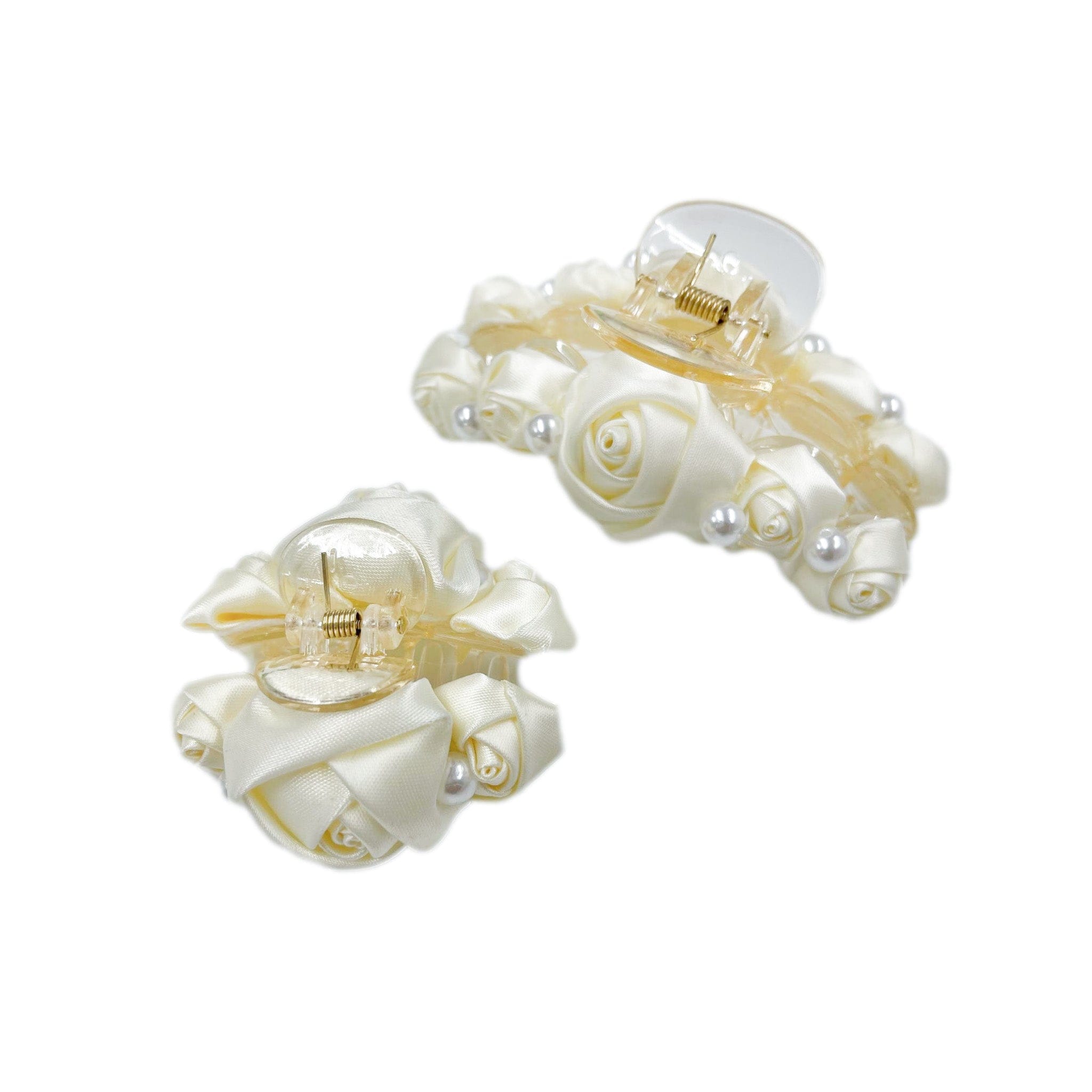 Bella ivory satin mommy and me hair clips with satin roses and faux pearl detail, matching set with secure clasps.
