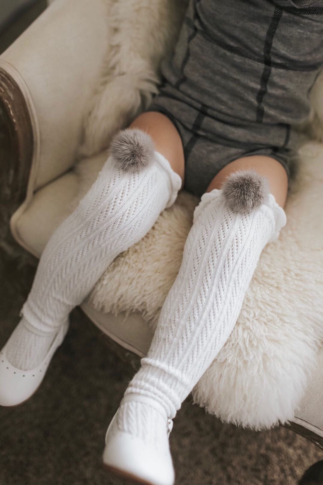 White Knee High Socks with Poms - Petit Maison Kids