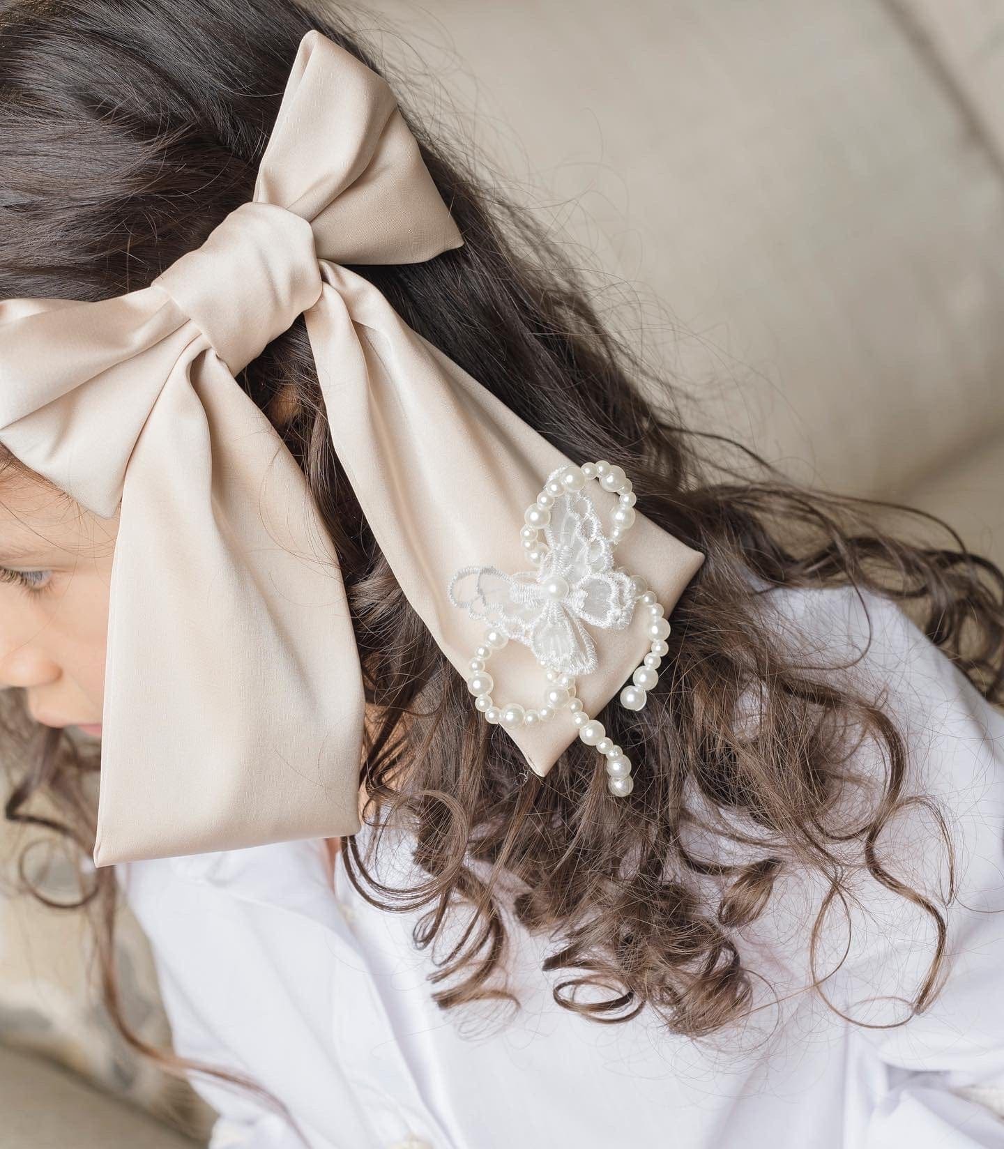 Anise Satin Embroidered Hair Bows - Champagne