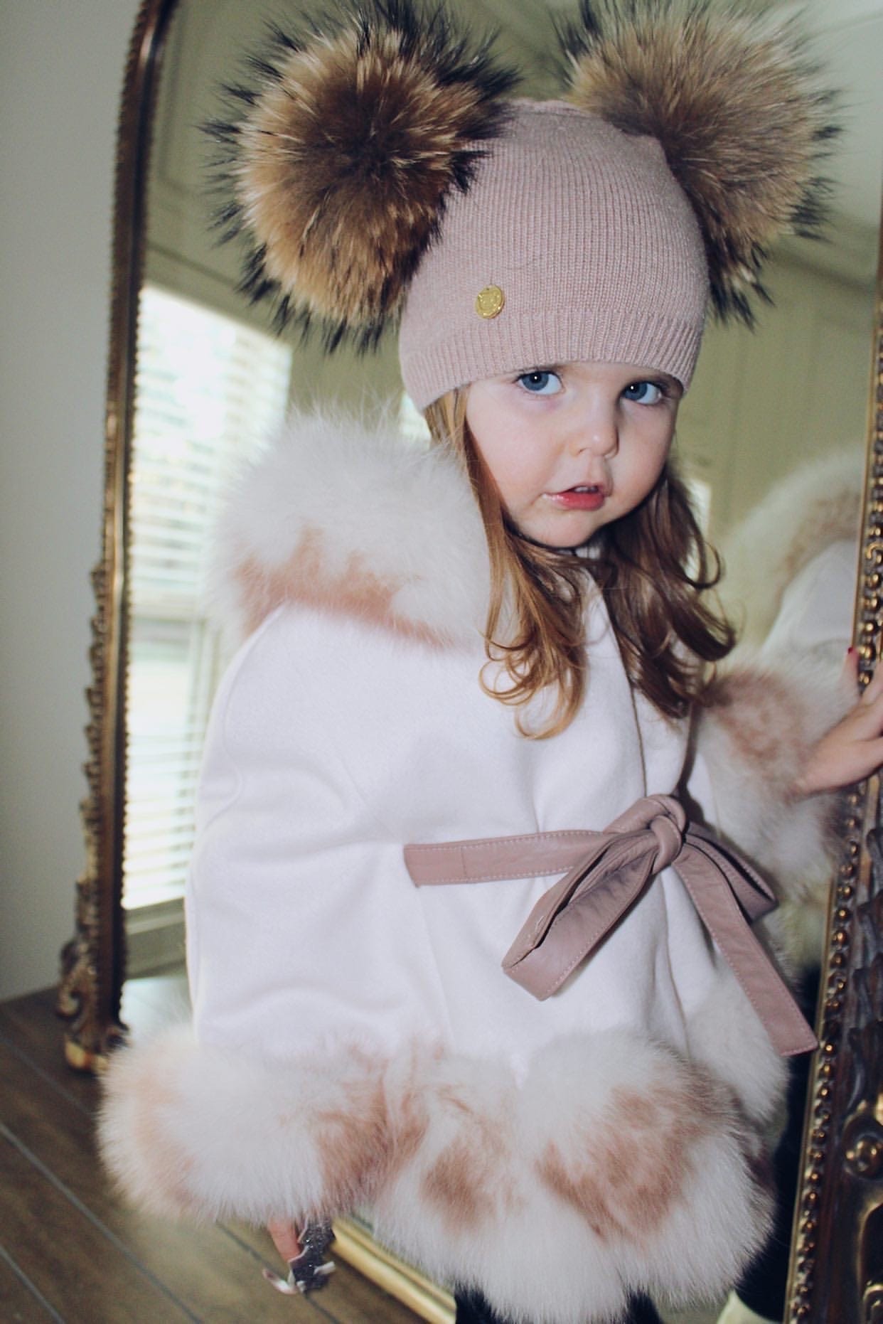 Dusty Beige Angora Double Pom Beanie Hat - Petit Maison Kids