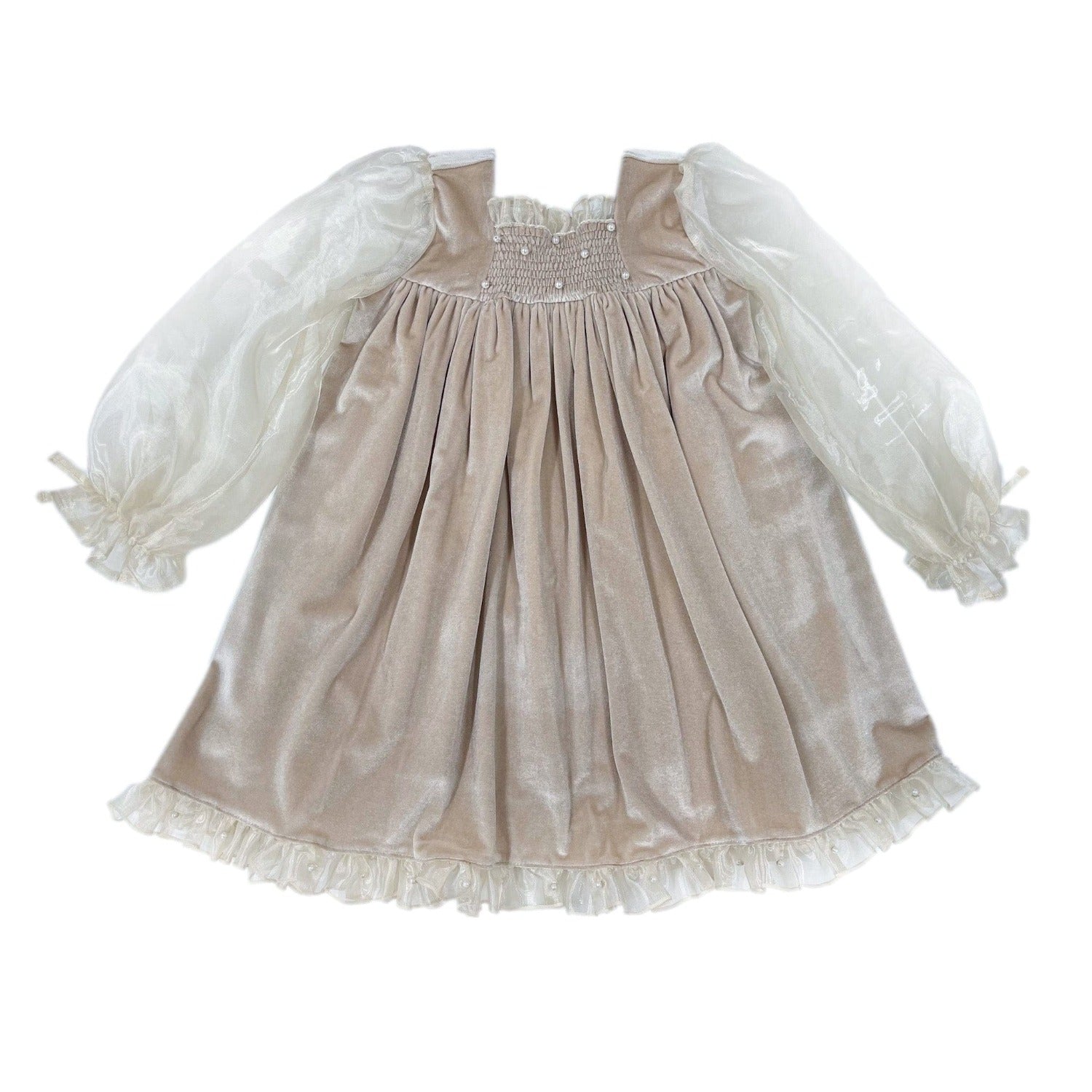 Petite Maison Kids Girl's Helena Velour Beige Dress With Organza Sleeves 4 Years Petite Maison Kids Girl's Helena Velour Beige Dress With Organza Sleeves 4 Years
