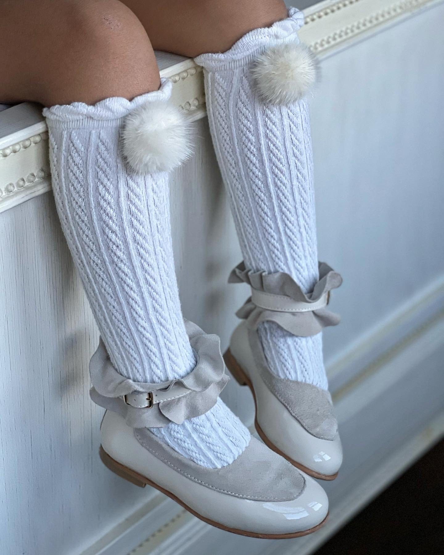 White Knee High Socks with Poms - Petite Maison Kids
