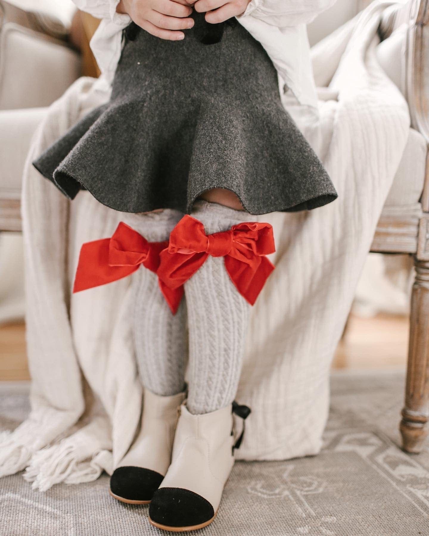 Grey Knee High Socks with Velvet Bows - Petite Maison Kids