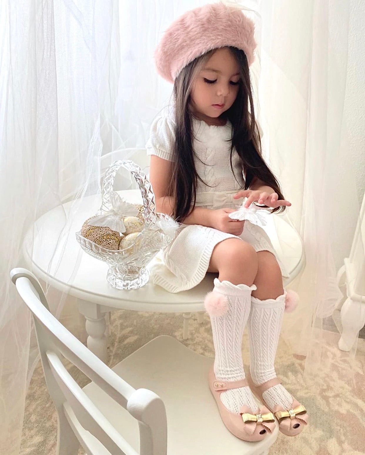White Knee High Socks with Poms - Petite Maison Kids