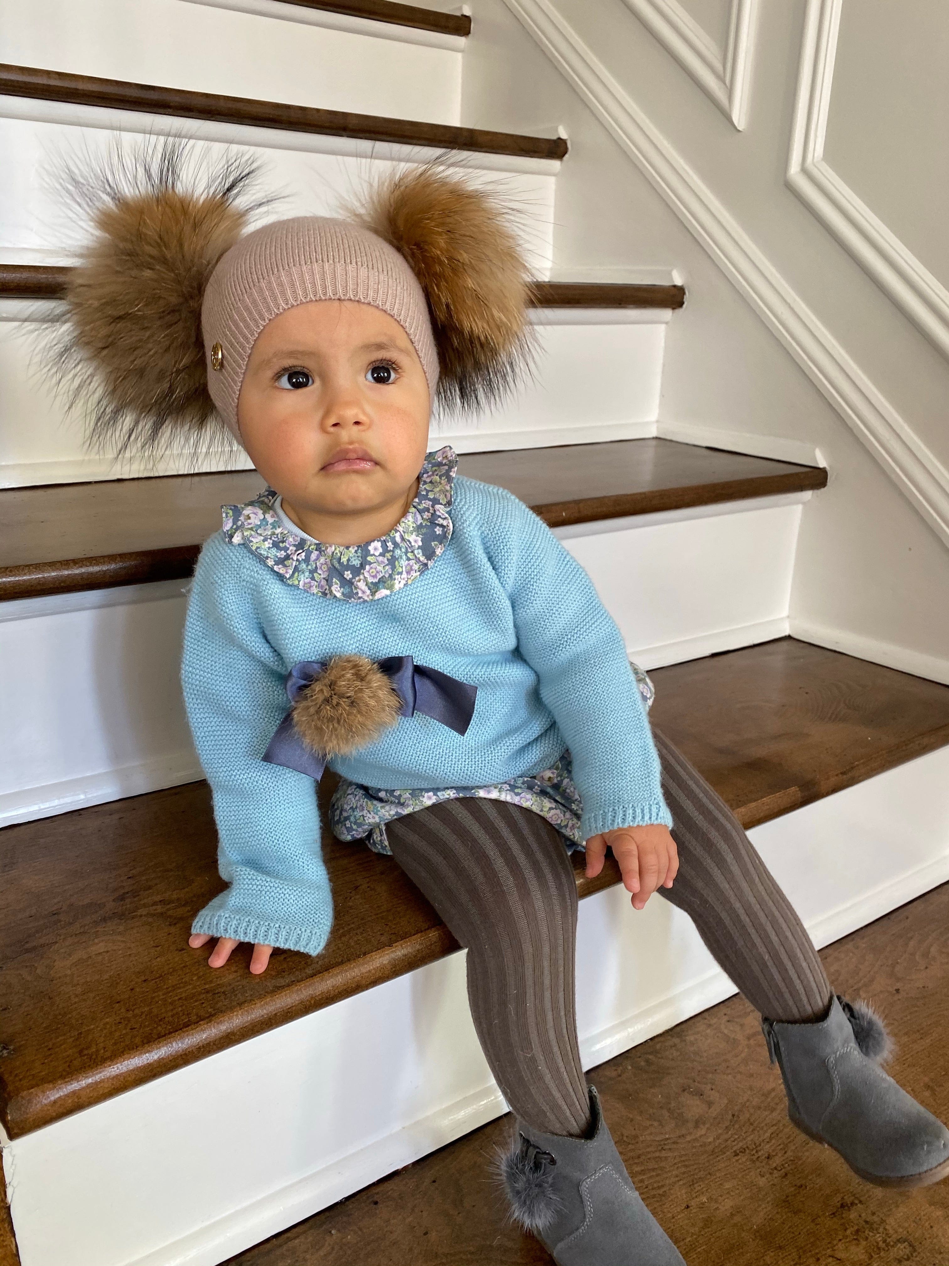 Dusty Beige Angora Double Pom Beanie Hat - Petit Maison Kids