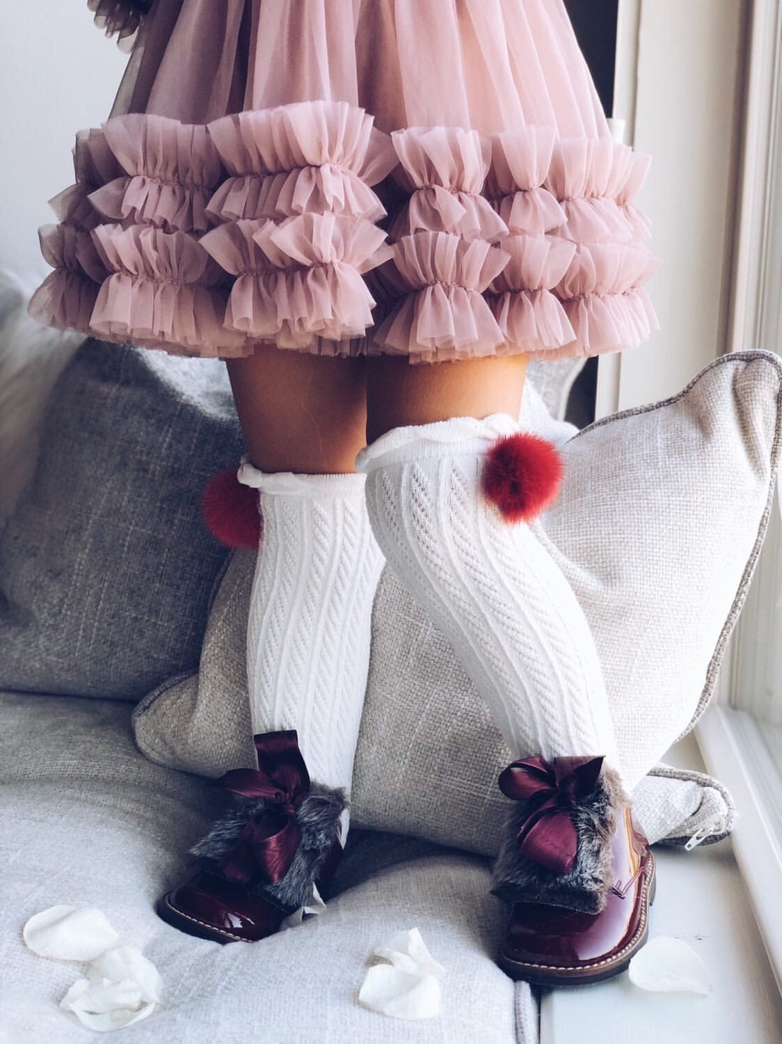 White Knee High Socks with Poms - Petit Maison Kids
