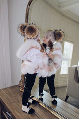 Dusty Beige Angora Double Pom Beanie Hat - Petit Maison Kids