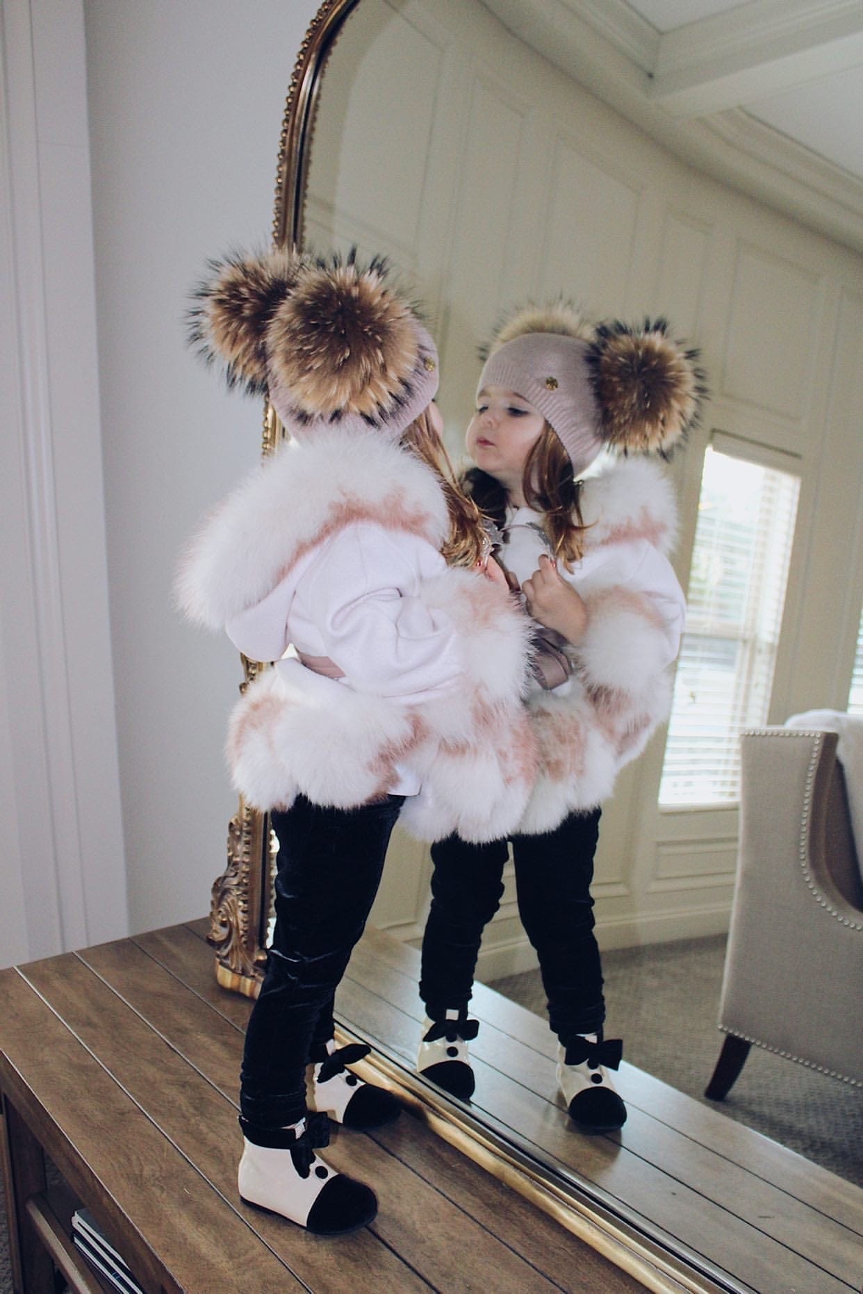 Dusty Beige Angora Double Pom Beanie Hat - Petit Maison Kids