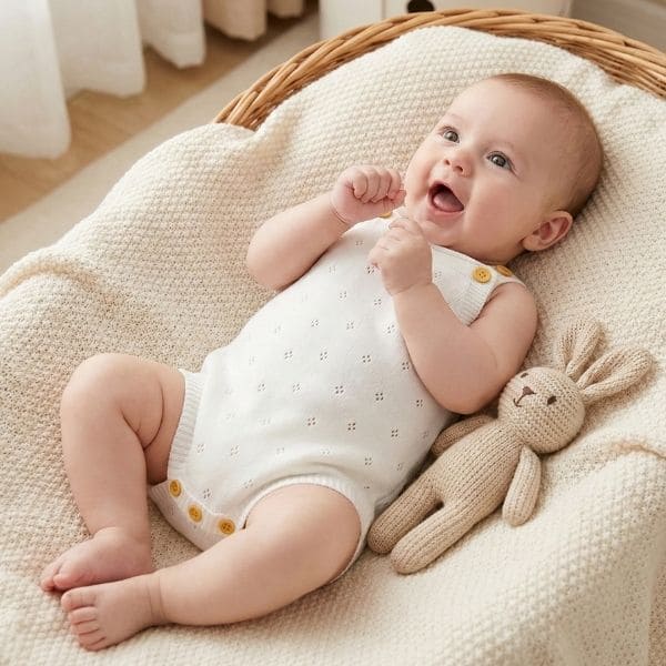 Emi White Knit Romper with Openwork Design