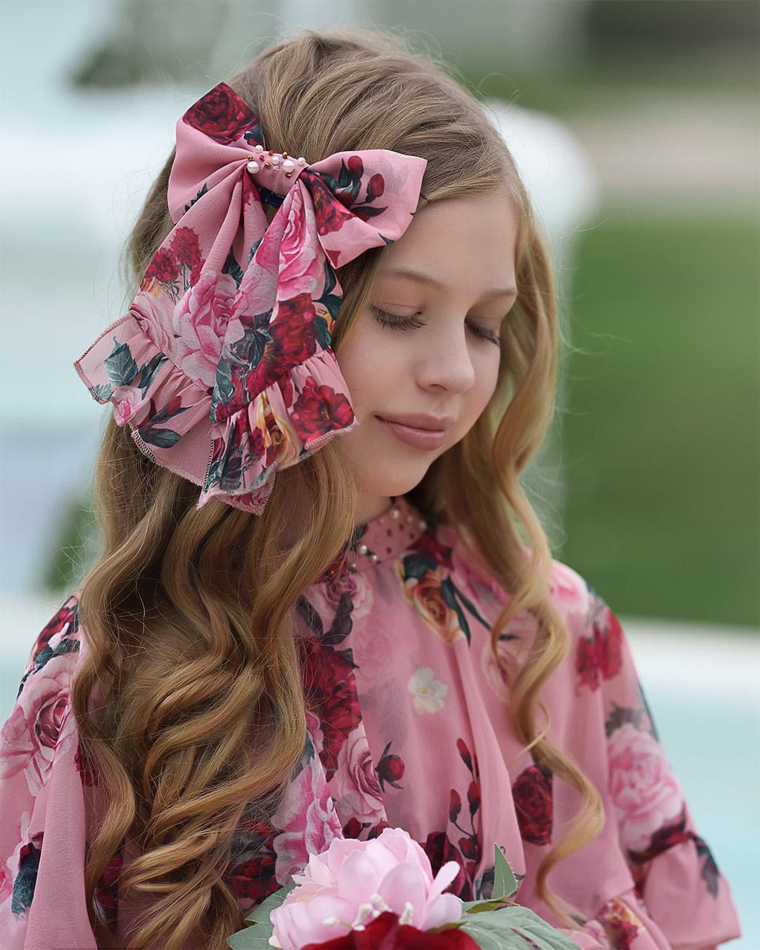 Flora Pink Floral Print Hair Bow