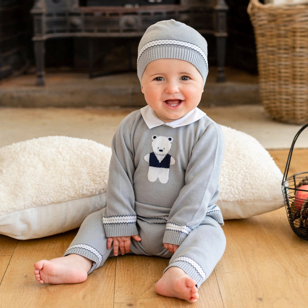 Aiden Grey Knit Teddy Bear Trouser And Hat Set