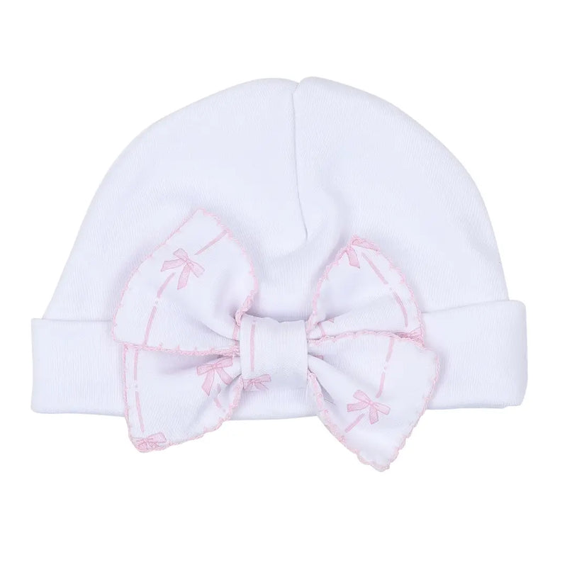 White Pima Cotton Beanie  Hat with Pink Embroidered Bow