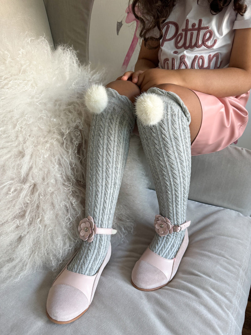 Grey Knee High Socks with Poms - White Pom