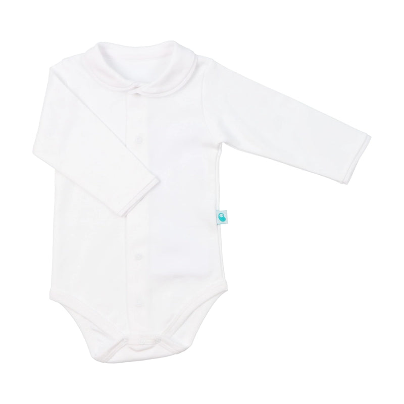 White Cotton Baby Bodysuit with Peter Pan Collar and Topstitching