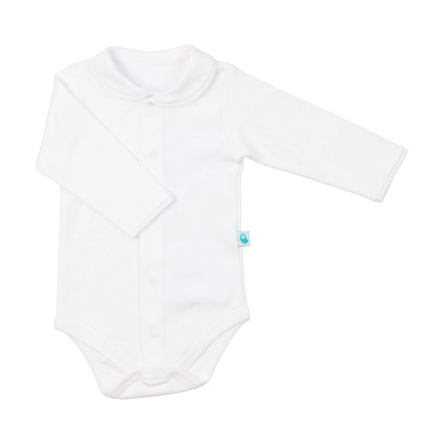 White Cotton Baby Bodysuit with Peter Pan Collar and Topstitching