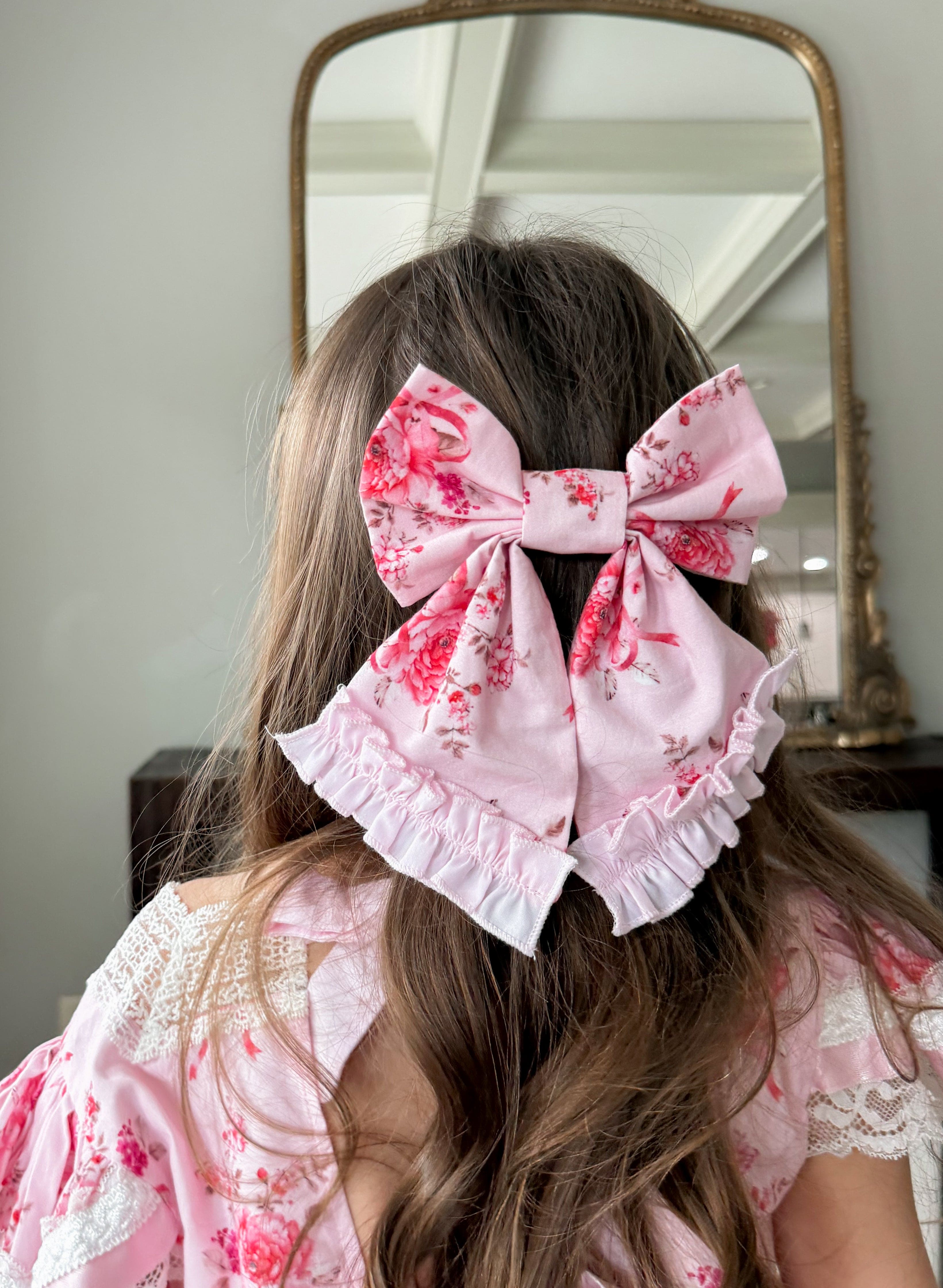 Amelia Pink Flower Print Hair Bow - Petite Maison Kids