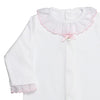 Baby White Cotton Babygrow with Pink Swiss Dot Ruffle Collar