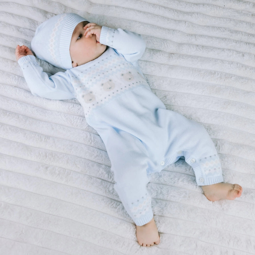 Kristian Boys Blue Teddy Knit All in One & Hat Set