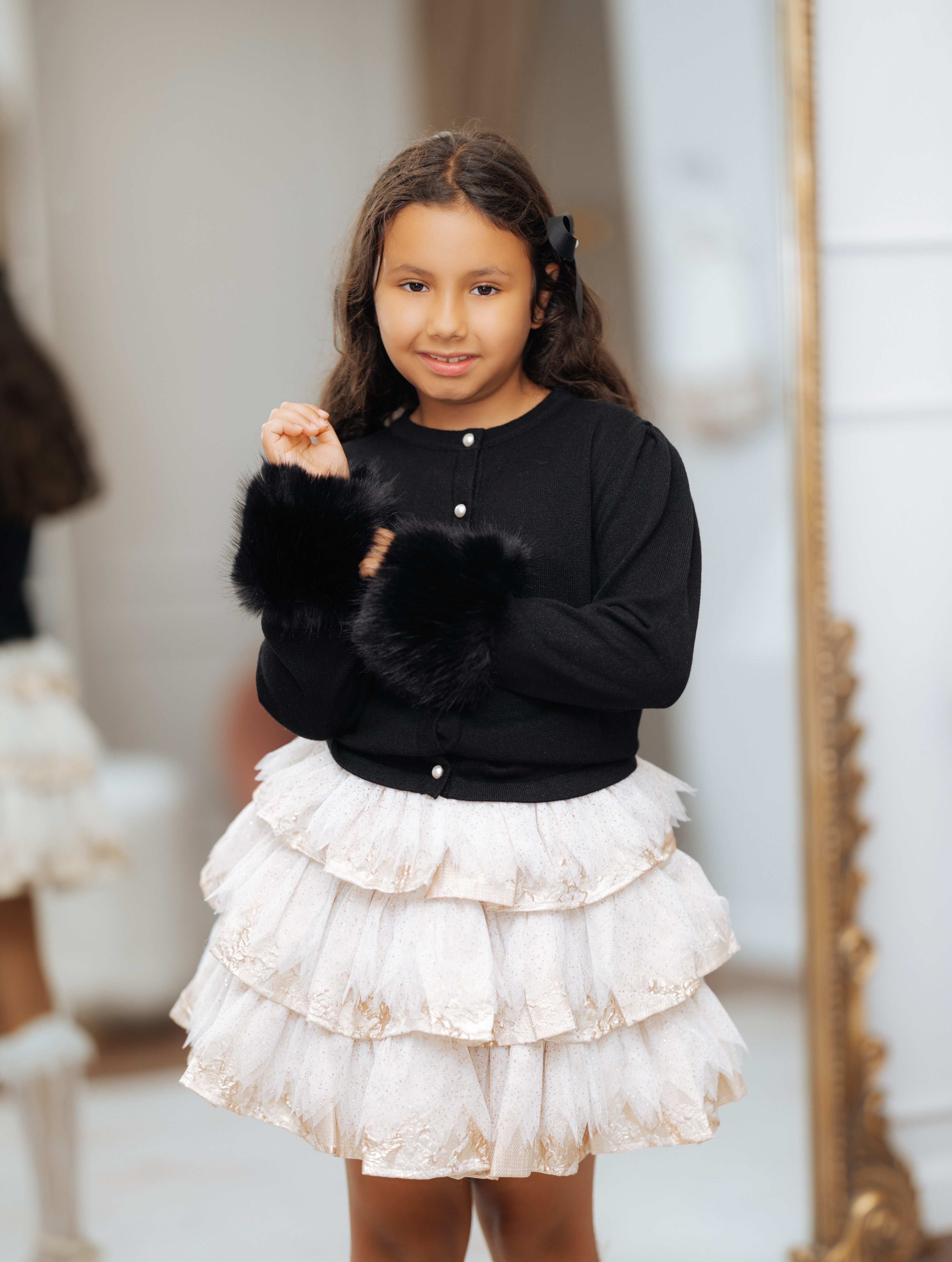 Black Faux Fur Knit Wool Cardigan