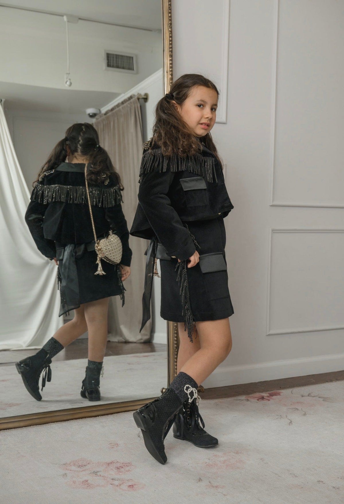 Girls' Black Cowboy Fringe Jacket with Gold Star Embroidery