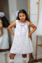 White Bouclé Tweed Dress with Lavender Flowers