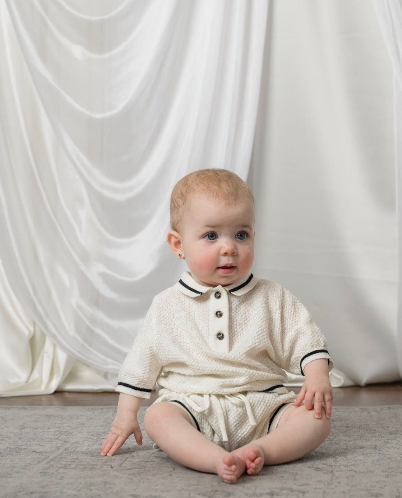 Brody Ivory with Black Trim Cotton Polo Top and Shorts Set - Petite Maison Kids