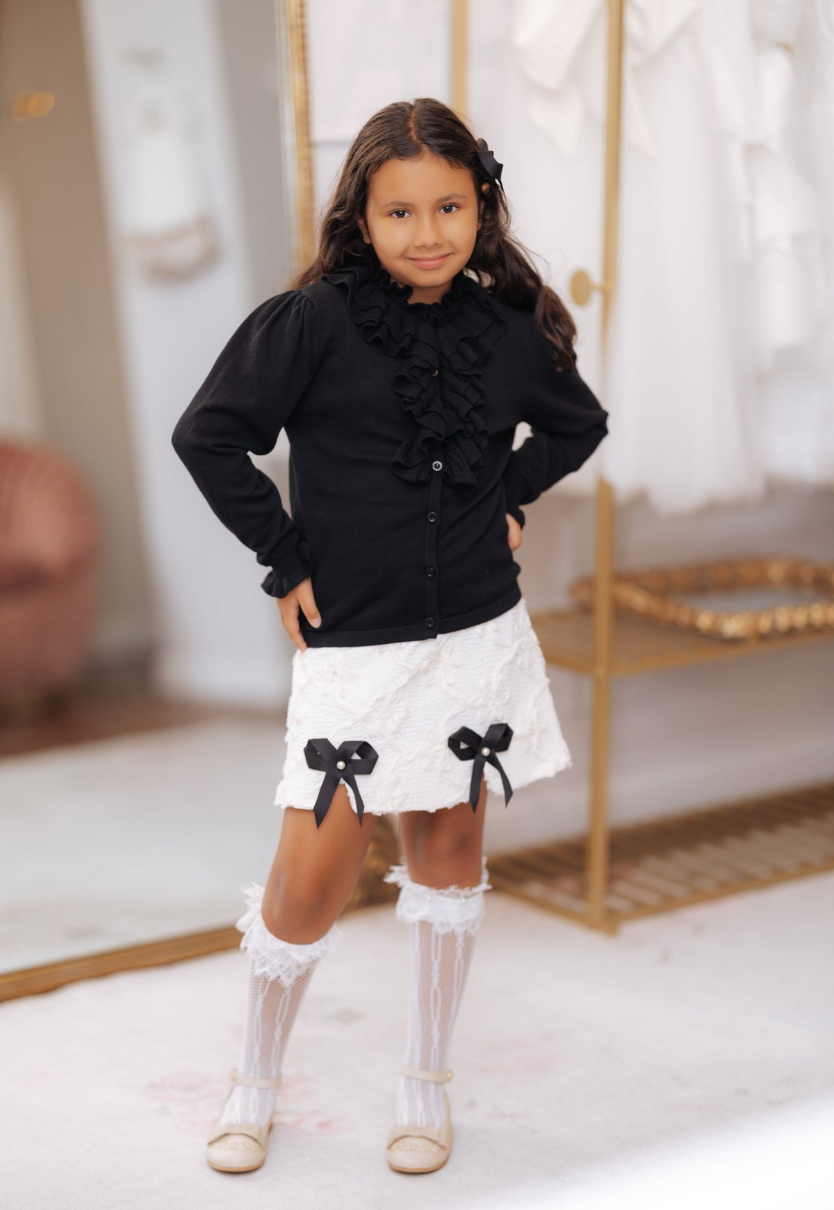 Black Cotton Knit Ruffle Cardigan