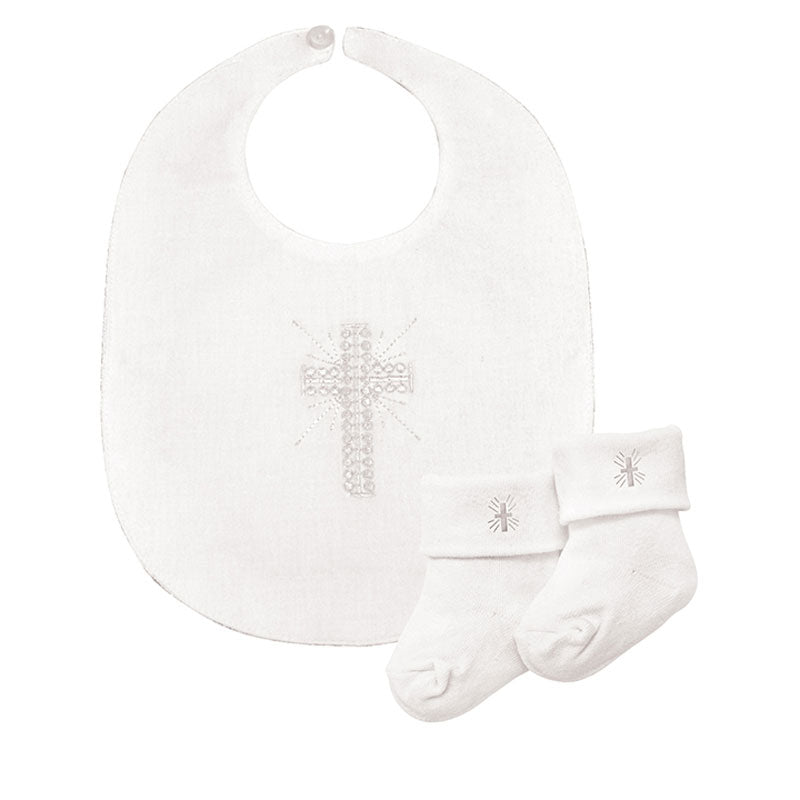 Embroidered Cross Bib & Lace Sock Set