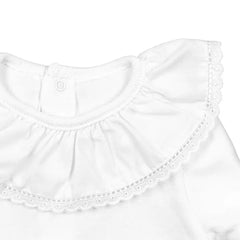 White Cotton Baby Bodysuit Onesie with English Embroidered Hem Collar and Long Sleeves