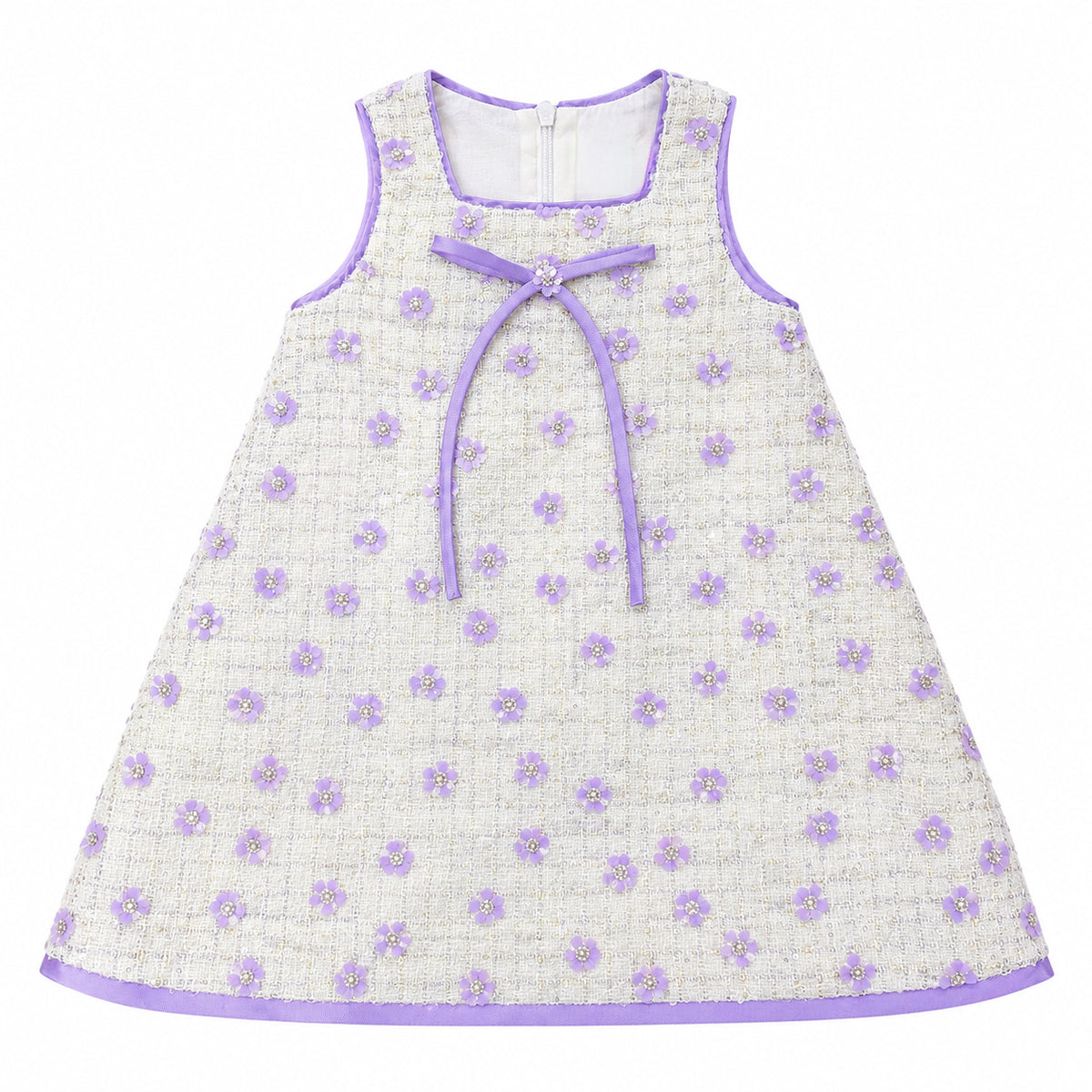 White Bouclé Tweed Dress with Lavender Flowers